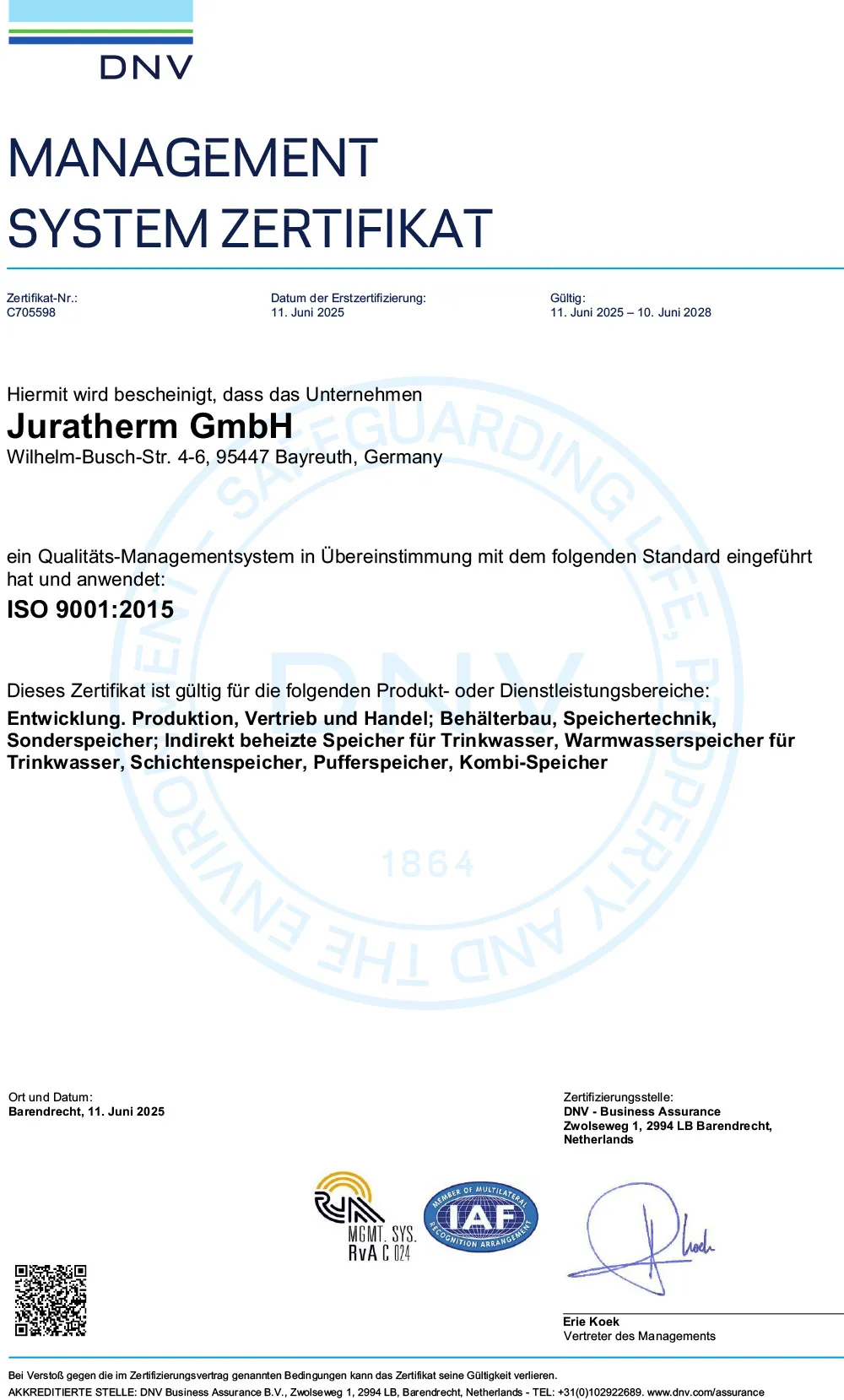 Certificat ISO 9001:2015 délivré à Juratherm GmbH par DNV, n° C705598